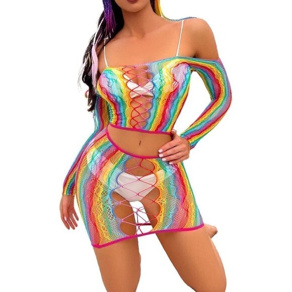 🌈 Rainbow Fishnet Stockings Mesh Lingerie Bodysuit Party Rave Boho Cosplay NWT - Picture 2 of 6